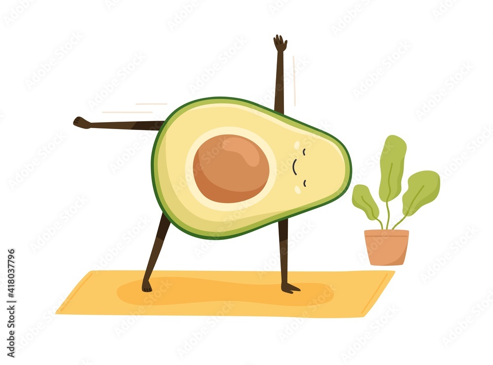 Wall mural cute and funny avocado doing sports exercises or practicing yoga on mat. happy comic fat fruit worki