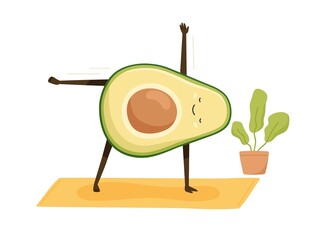 Cute and funny avocado doing sports exercises or practicing yoga on mat. Happy comic fat fruit working out. Colored flat cartoon vector illustration of childish character isolated on white background