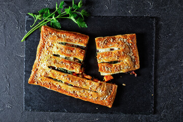 Puff pastry vegetable pie with cheese, top view