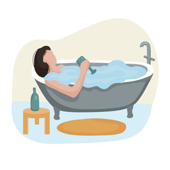 Fototapeta premium Woman relaxing in the bathroom with a glass of wine. Relaxing after a day of work. Vector flat illustration