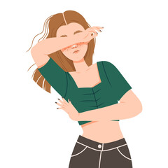 Young Woman Dodging from Negative Emotion Covering Her Face with Her Hand Vector Illustration