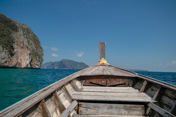 Landscape of Phi Phi Leh island with longtail boat for travel. Andaman sea, Krabi, Phuket  Thailand.