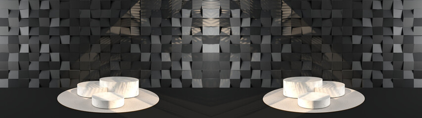 Round white marble Pedestal, Small black square wall scene with base reflections. Pedestal Can be used for commercial advertising, Isolated on black floor, Minimalist Black, illustration, 3D rendering