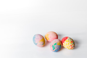 Happy easter, Easter painted eggs on white background for your decoration in holiday. Copy space.