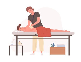 Massage therapist practicing herbal SPA wellness body therapy and aromatherapy. Woman lying and relaxing in beauty salon. Colored flat cartoon vector illustration isolated on white background - obrazy, fototapety, plakaty