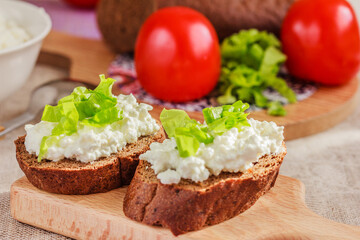 Healthy sandwich idea. Fresh rye bread with cottage cheese and green salad for breakfast. Easy breakfast. Side view, stock photo
