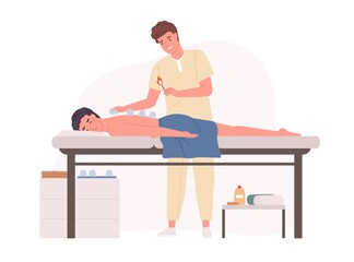 Professional massage therapist practicing vacuum cupping body therapy in salon. Patient enjoying wellness SPA physiotherapy. Colored flat cartoon vector illustration isolated on white background - obrazy, fototapety, plakaty