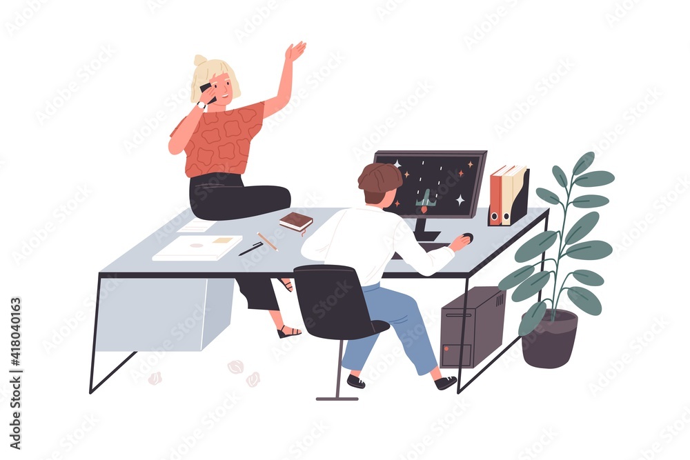 Poster Lazy employees procrastinating, talking on phone and playing computer games at work in office. Careless workers relaxing during break. Colored flat vector illustration isolated on white background