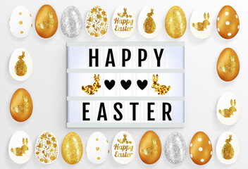 Lightbox, shining eggs on a white background. Text frame of the lightbox with the inscription Happy Easter, hearts, bunnies. Advertising mockup for the Easter holiday. Top view, close up, copy space