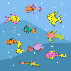 Colorful fish swim in the sea. Hand-drawn. Children's illustration, sticker, fashion design. Vector illustration