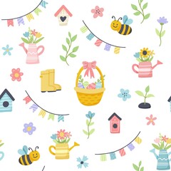 Easter spring pattern with cute eggs, flowers, bees. Hand drawn flat cartoon elements. Vector illustration
