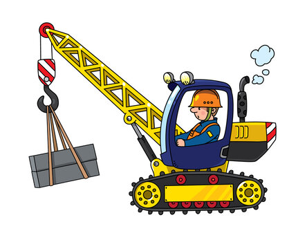 Mobile truck crane with a driver. Vector cartoon