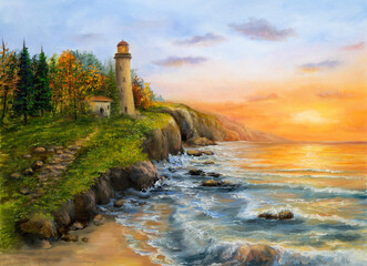 Lighthouse on sunset - 418042505