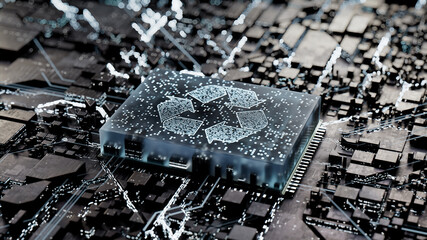 Eco Technology Concept with recycle symbol on a Microchip. Data flows from the CPU across a Futuristic Motherboard. 3D render.