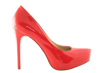 Obraz premium Red women's shoe on high heel, view from side