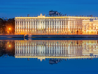 Fototapeta na wymiar Marble Palace reflected in Neva river at night, Saint Petersburg, Russia
