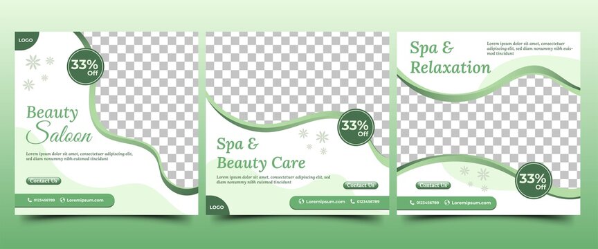 Social media template for spa and beauty. A green color scheme with flower decoration. Vector illustration with photo collage. Suitable for social media post, flyers, and web ads.