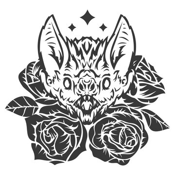 Head bat with roses in hand drawn vintage style isolated on white background. Monochrome design concept art for print, tattoo, branding. Cartoon vector illustration.
