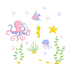Naklejka na ściany i meble color exotic sea inhabitants characters