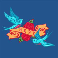 Two cartoon flying swallow with ribbon and roses isolated on blue background. Design bird in retro vintage style for old school tattoo, print, label, poster. Vector illustration.