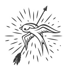 Cartoon flying monochrome swallow and wood arrow isolated on white background. Design bird in retro vintage style for old school tattoo, print, label, poster. Vector illustration.