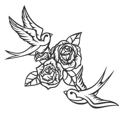 Two cartoon flying swallow with roses isolated on white background. Design bird in retro vintage style for old school tattoo, print, label, poster. Vector illustration.
