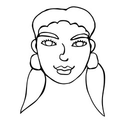 The face of a girl with two ponytails. Vector contour illustration in the style of doodle drawn by hand. Different and beautiful
