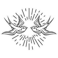 Two cartoon flying swallow isolated on white background. Design bird in retro vintage style for old school tattoo, print, label, poster. Vector illustration.