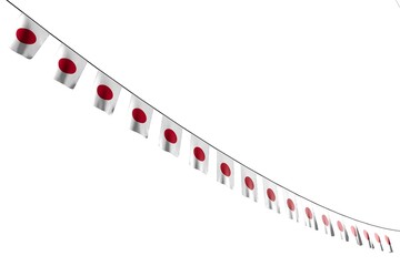 pretty many Japan flags or banners hangs diagonal on string isolated on white - any holiday flag 3d illustration..