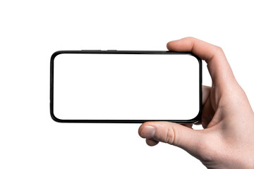 Mock up, mockup.Man hand holding the black smartphone with frame less blank screen and modern...
