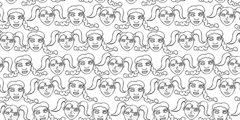 Fototapeta na wymiar Seamless pattern with cartoon face vector people. Hand drawn line art illustration. Outline doodle head of women, girls. Texture backdrop