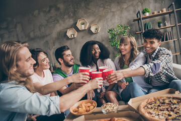 Photo of optimistic brunette blond hairdo guys ladies drink eat pizza on party wear casual cloth at home