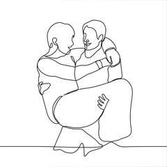 man carries the other in his arms, both friends are smiling - one line drawing. Vector illustration of two friends, partners, lovers, members of the same team