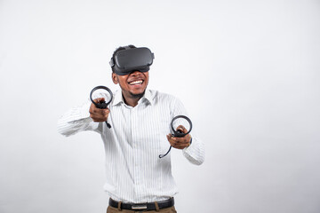 young african business man using a virtual reality headset with controllers