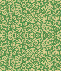 Seamless unusual yellow patterns on green background. Zigzags, jagged lines, scuffs, uneven dots, stains, fancy figures. Universal design for youth clothing, accessories, children's goods, sportswear