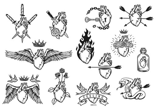 Collection Hand drawn concept composition with human heart isolated on white background in vintage cartoon style. Modern design for print, cover, card. Vector illustration.