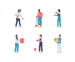 Spring cleaning diverse flat color vector faceless character set. Housekeeping service. Laundry, housework. Seasonal work isolated cartoon illustration for web graphic design and animation collection