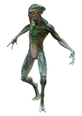 3D Rendering Green Alien on White