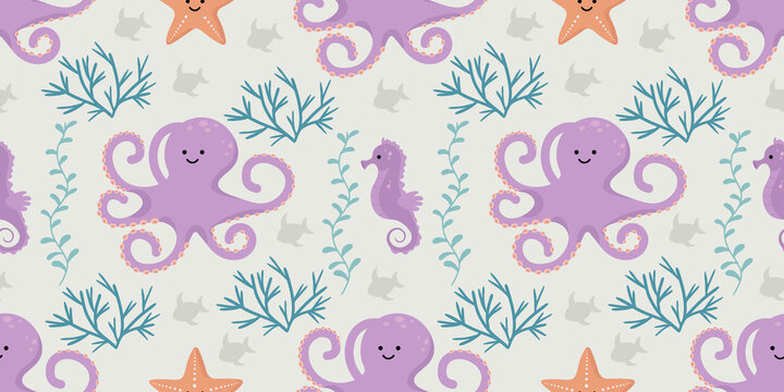 Seamless pattern with cute octopus, seahorse and starfish. Vector illustration in simple hand drawn style and pastel colors