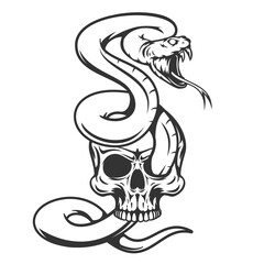 Hand drawn monochrome concept with human skull and poison snake in vintage style. Design composition for tattoo, print. Retro vector illustration isolated on white background.