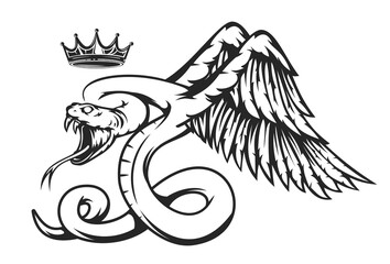 Hand drawn monochrome concept with poison snake, wings and crown in vintage style. Design composition for tattoo, print. Retro vector illustration isolated on white background.