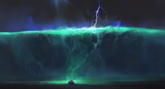 Small boat facing huge ocean waves, fantasy illustration.