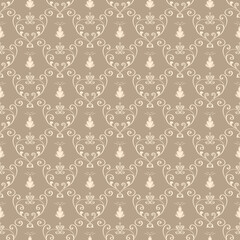 Beautiful old-fashioned rococo wallpaper. Beige seamless patterns with curls, curves, small fountains. Ideal for interior decoration, fabrics, wall covering design, packaging, scrapbooking
