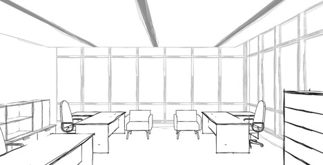 3d illustration perspective of an office room for three people. Drawing outlines are colored with grey tones. Scene in hand sketch style. 