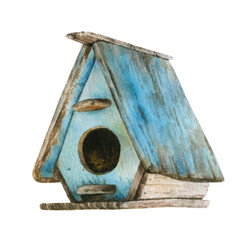 Blue wooden birdhouse hand drawn in watercolor isolated on a white background. Watercolor illustration. 