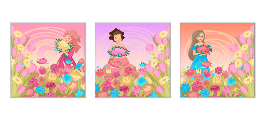 Fototapeta na wymiar Set of postcards. Women with flowers. Spring flowers, lady with bouquet, gift congratulation on national women's day on March 8. Vector illustration