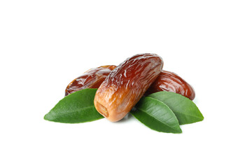 Dried dates with leaves isolated on white background
