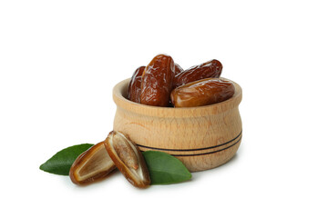 Bowl with dried dates isolated on white background
