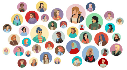 Women online community, set of circle avatars, women different nationalities, round portraits of girls. Vector banner illustration