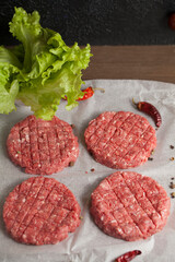 raw appetizing fresh meat burger cutlet on a sheet of paper